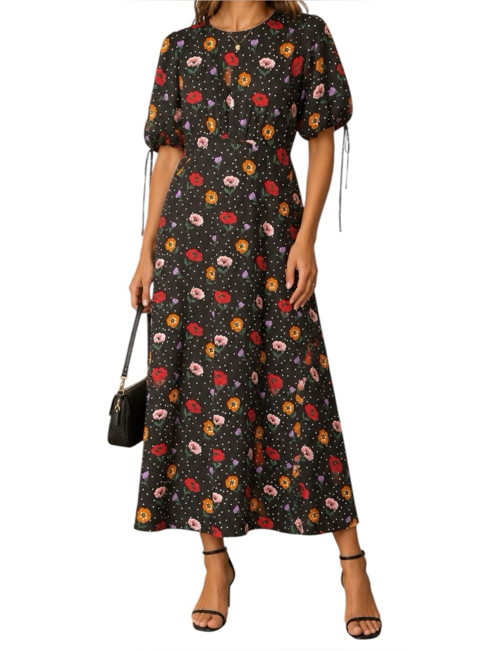 Dark Romantic Floral Polka Dot Midi Dress Size 4 Cottagecore 90’s Novelty Print